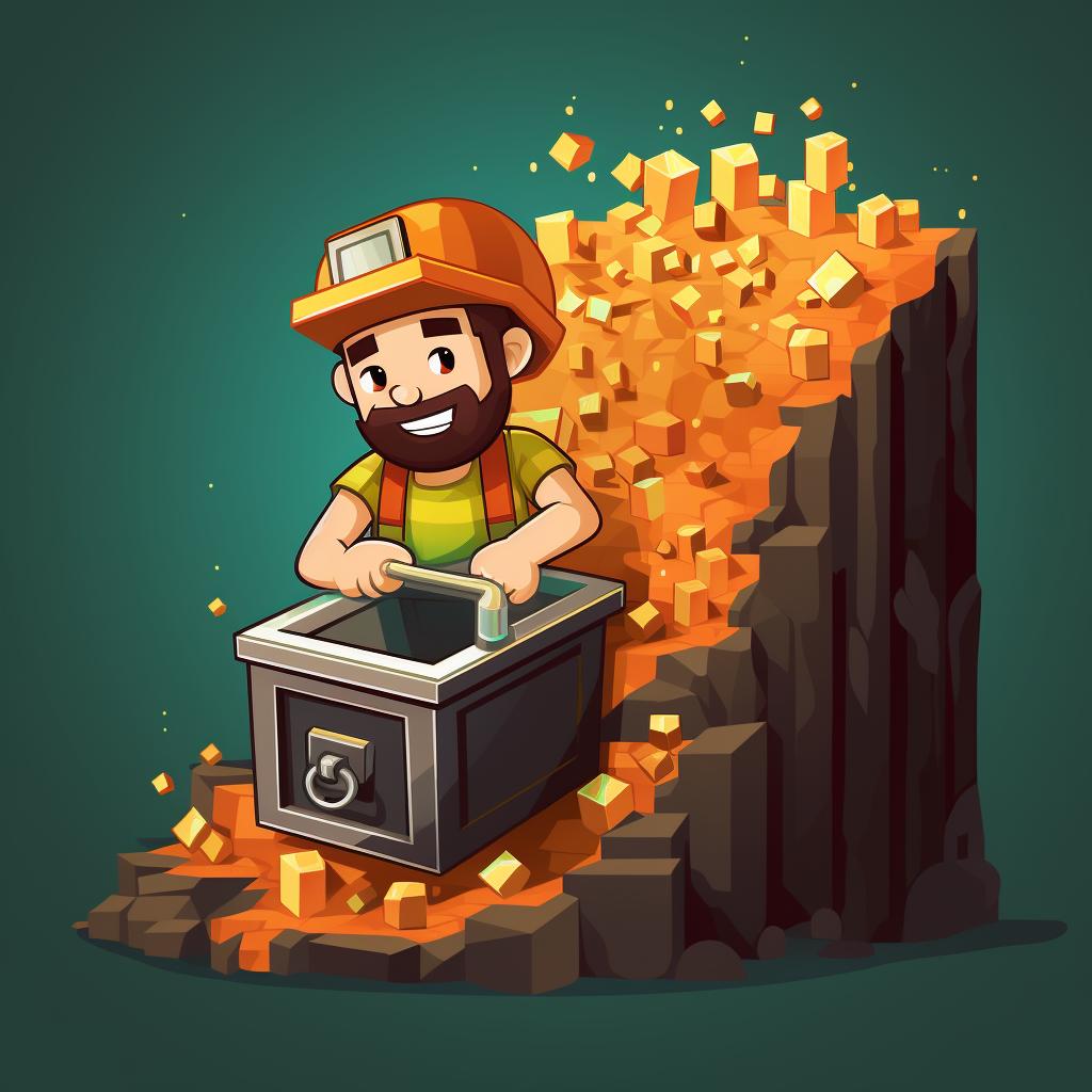 A Minecraft character mining resources and opening a minecart with a chest in a mineshaft.