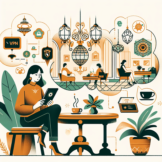 a traveler using a VPN on a tablet at a luxurious cafe