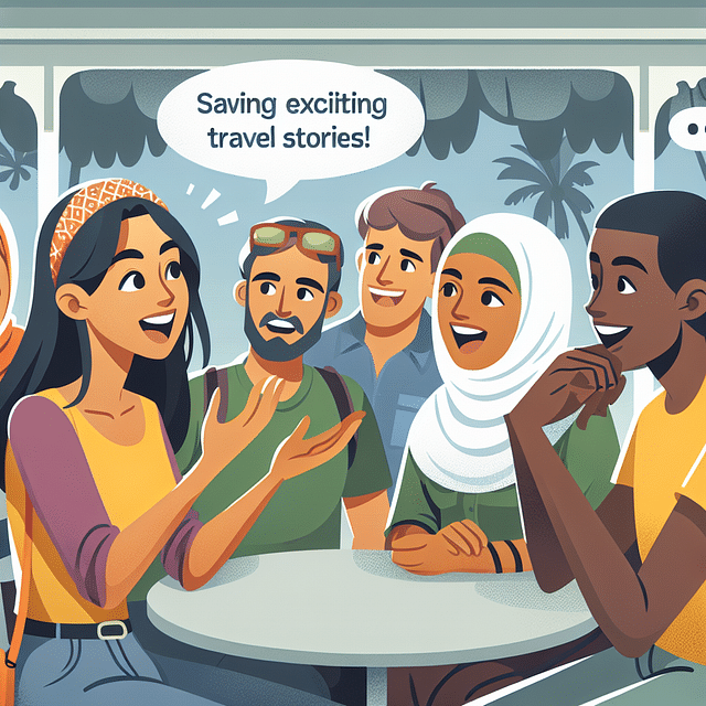 Traveler sharing her travel tales with intrigued locals