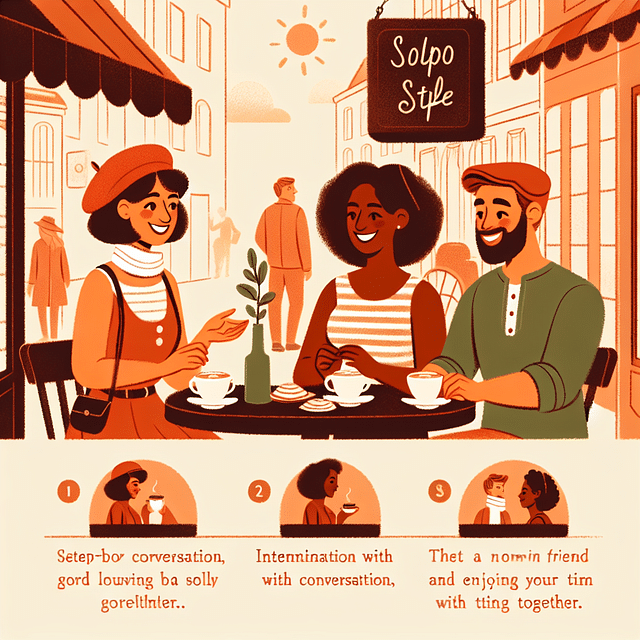 Solo traveler laughing with new friends at a cafe