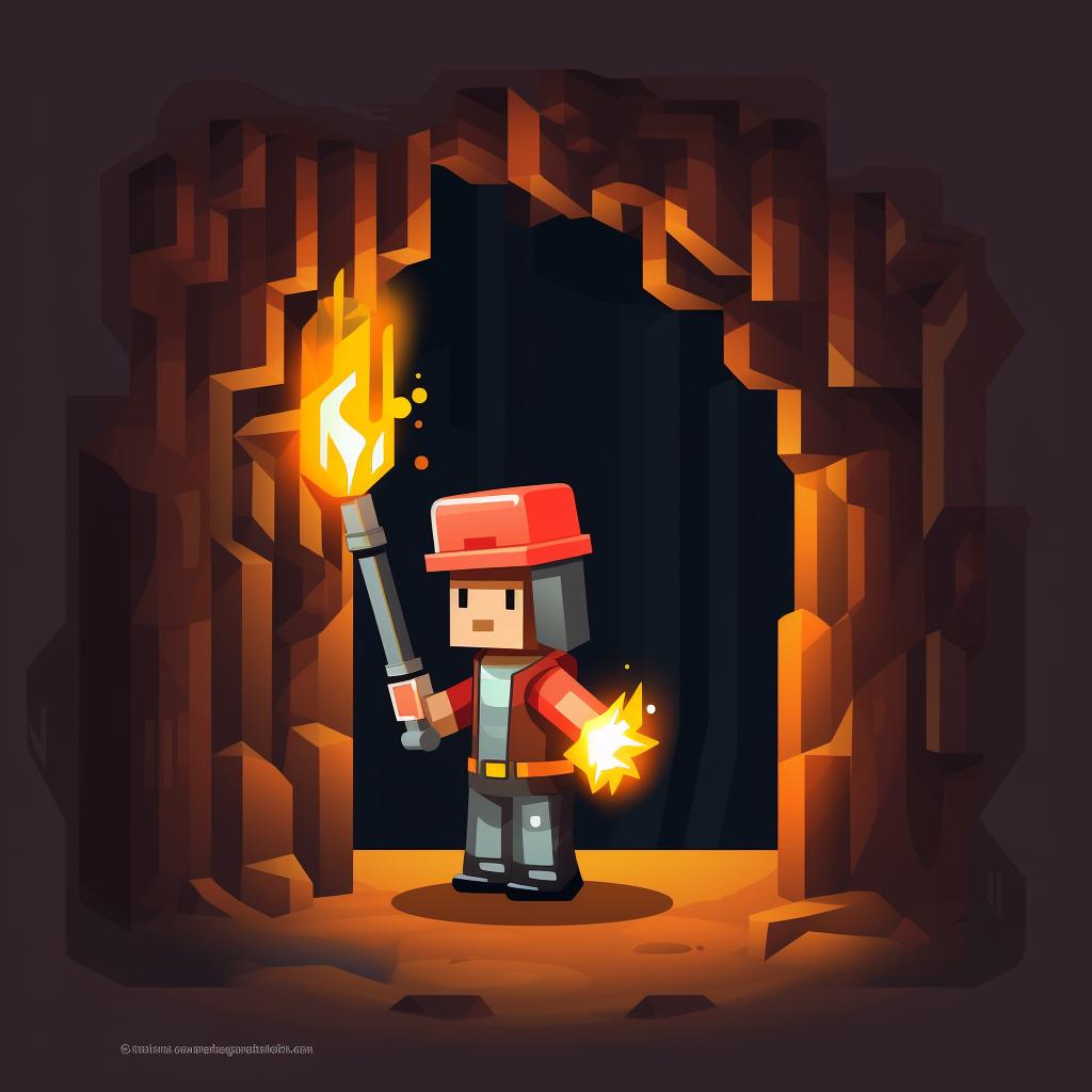 A Minecraft character placing torches around the mineshaft entrance.