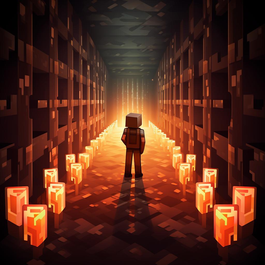A Minecraft character placing torches in a distinct pattern along a mineshaft corridor.