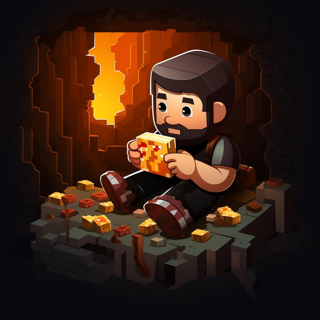 A Minecraft character eating food to refill their hunger bar while exploring a mineshaft.