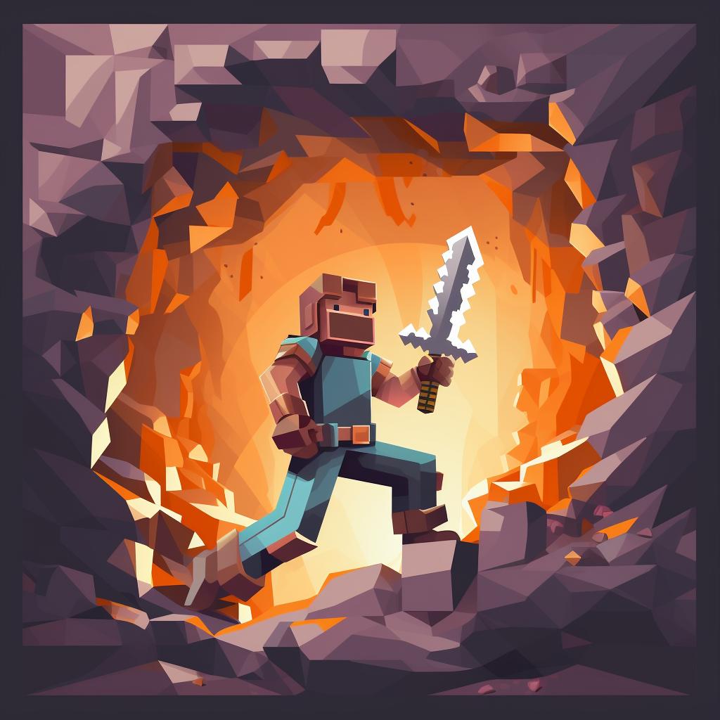 A Minecraft character fighting off enemies in a mineshaft with a sword.