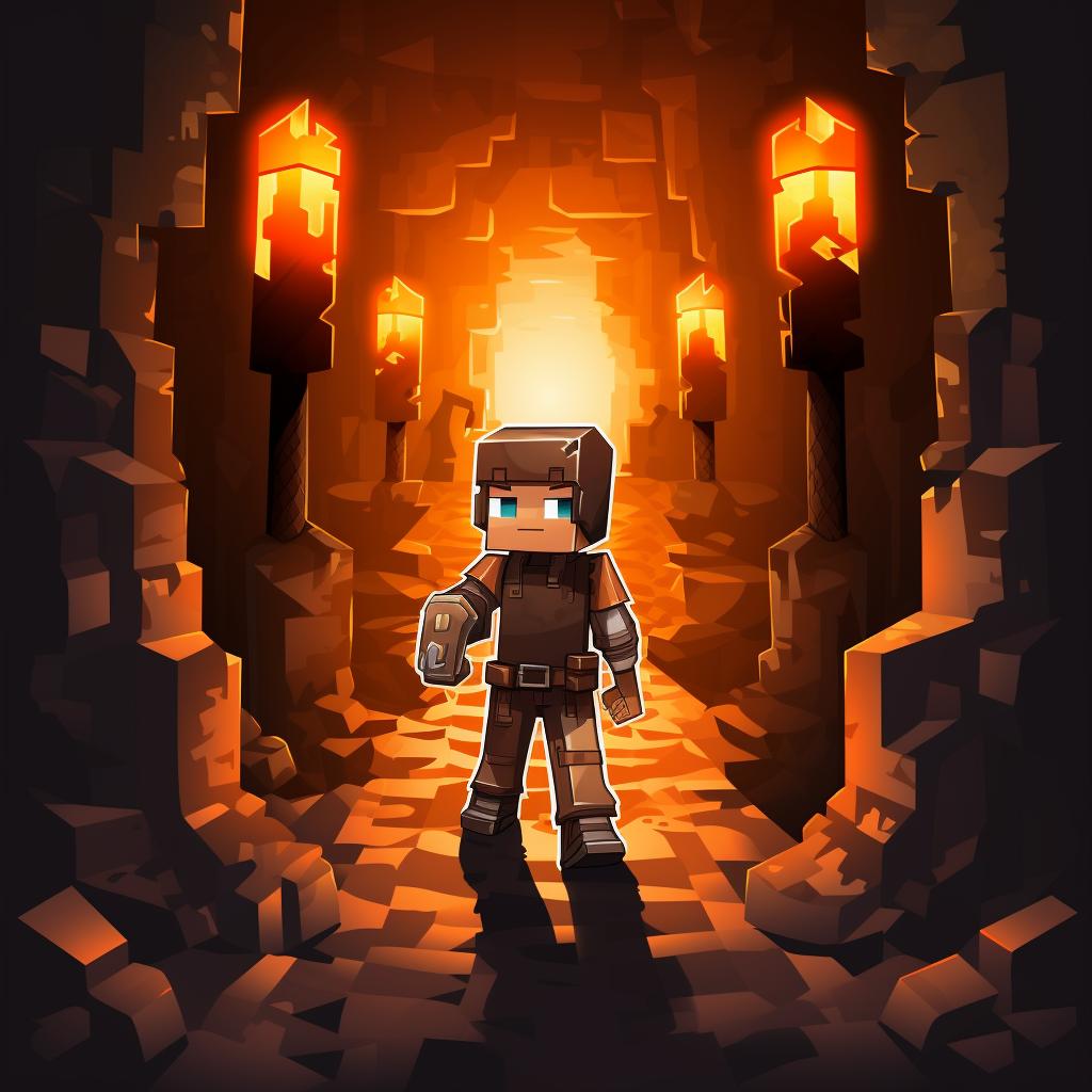 A Minecraft character following torch markers back to the mineshaft entrance.